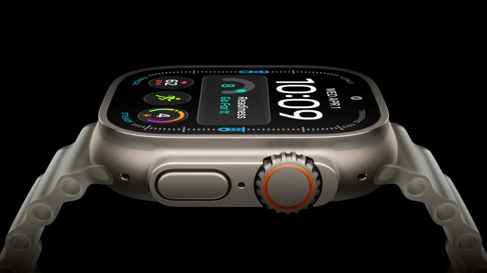 Apple Watch Ultra 4 in natural titanium, seen from the side with its Digital Crown