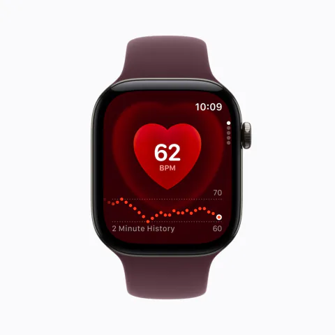 Apple Watch Series 12 showing a heart rate of 62 BPM in the Heart Rate app